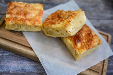 Bakery .Home made  cheese pie  with phyllo pastry, feta cheese  and organic eggs. Bulgarian banitsa