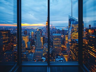 The skyline of office lights shines at night, and the atmosphere of the blue hour shows modern urban architecture and urban landscape. The tranquil atmosphere is intertwined with city lights.