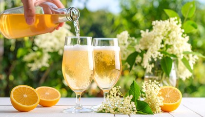 Refreshing elderflower drink is poured into glasses, surrounded by lemons and elderflowers on an outdoor table.