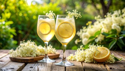 Two glasses of refreshing lemonade with lemon slices and elderflowers on a wooden table in a sunny garden.