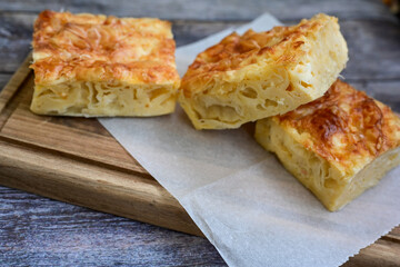 Bakery .Home made  cheese pie  with phyllo pastry, feta cheese  and organic eggs. Bulgarian banitsa