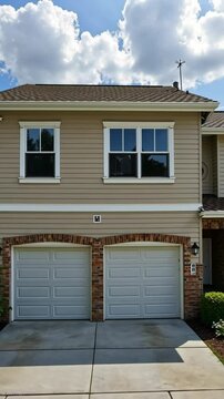 A duplex with a shared driveway and individual garages, ideal for multi-family living in an urban setting..