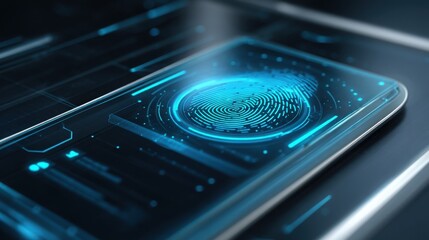 glowing biometric fingerprint scanner interface on transparent screen, futuristic ID verification and digital security