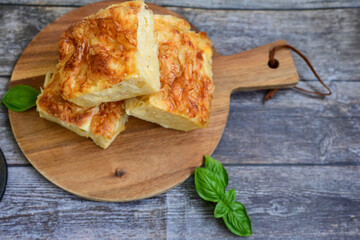 Bakery .Home made  cheese pie  with phyllo pastry, feta cheese  and organic eggs. Bulgarian banitsa