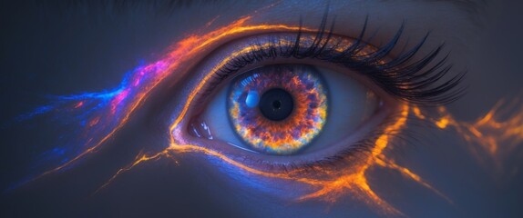 Fiery Galaxy Eye. A Stunning CloseUp of a Human Eye with Galactic Fire Details.