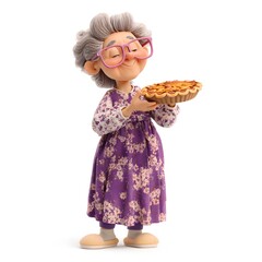 3D cartoon of a happy grandma in a floral purple dress and pink glasses