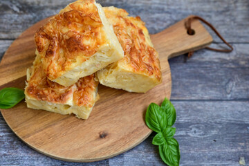 Bakery .Home made  cheese pie  with phyllo pastry, feta cheese  and organic eggs. Bulgarian banitsa