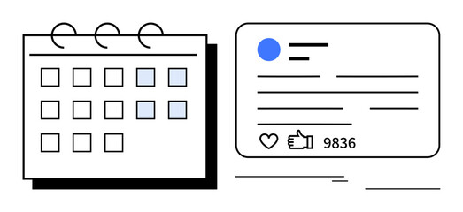 Calendar with highlighted dates alongside a social media post with thumbs ups and comments. Ideal for planning, social campaigns, content creation, time management, digital engagement, social