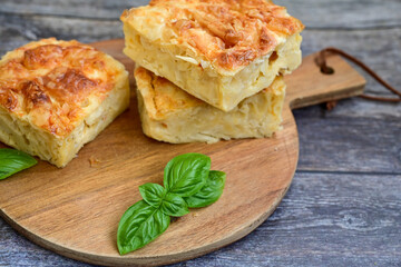 Bakery .Home made  cheese pie  with phyllo pastry, feta cheese  and organic eggs. Bulgarian banitsa