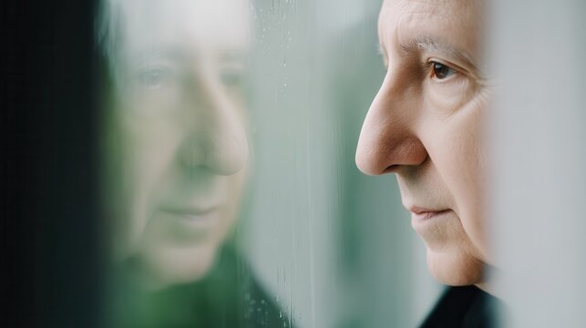 A thoughtful portrait of an elderly man reflecting on life, gazing intently through a glass window