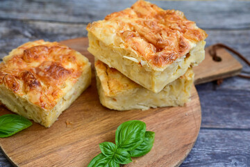 Bakery .Home made  cheese pie  with phyllo pastry, feta cheese  and organic eggs. Bulgarian banitsa