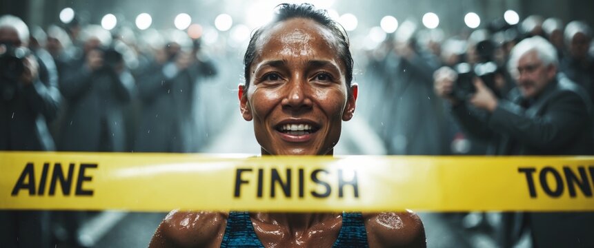 Marathon Runner Breaking the Finish Line Tape, Surrounded by Press and Spectators.