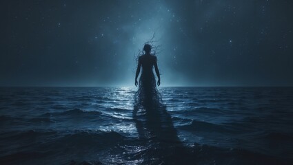 Ethereal Being Emerges from the Sea Under a Starry Night, A Haunting Silhouette.