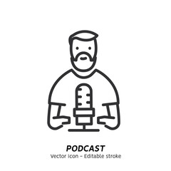 Listening podcast with microphone and recording podcasts single icon. Audio podcast. Concept of online podcasting, online radio show, sound studio vector flat outline icon. Editable stroke