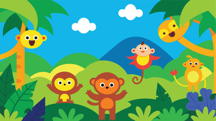 cute cartoon forest with smiling trees and mushrooms