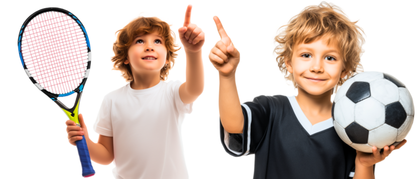 blond and brunette white children with sport equipment isolated over white (transparent) background; 2 cute boys with tennis racket and football looking up and pointing their fingers up; 