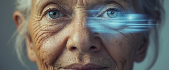 Futuristic Elderly Woman with Augmented Reality Overlay on Her Eye, Tech Integration