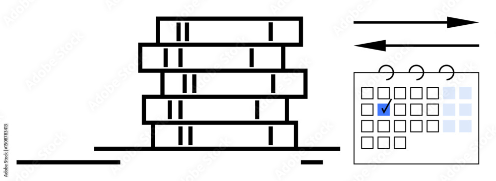 Poster stacked books beside a calendar with a selected date marked, featuring arrows pointing in opposite d