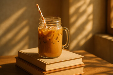 A mason jar of iced coffee with a striped straw rests on stacked books, bathed in warm golden sunlight through a softly lit window.