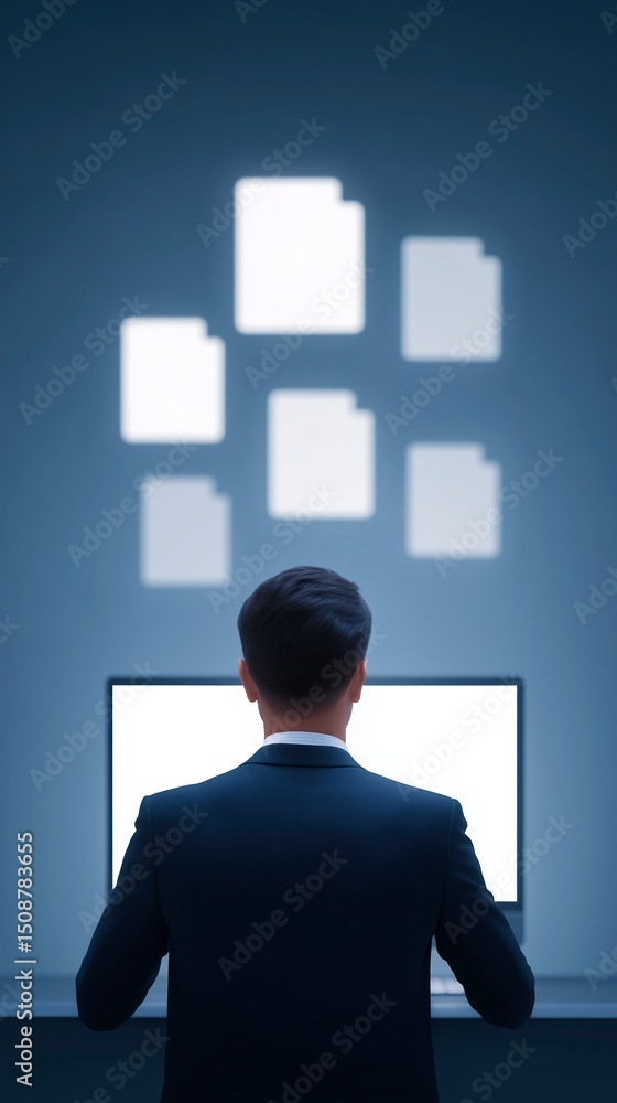 Poster businessman in suit working on computer with blank screen and floating document icons creating a mod