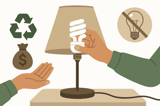 Energy efficient lighting upgrade concept. Hands changing incandescent to CFL bulb. Sustainable electricity saving. Green eco-friendly technology. Cost reduction home improvement - Powered by Adobe