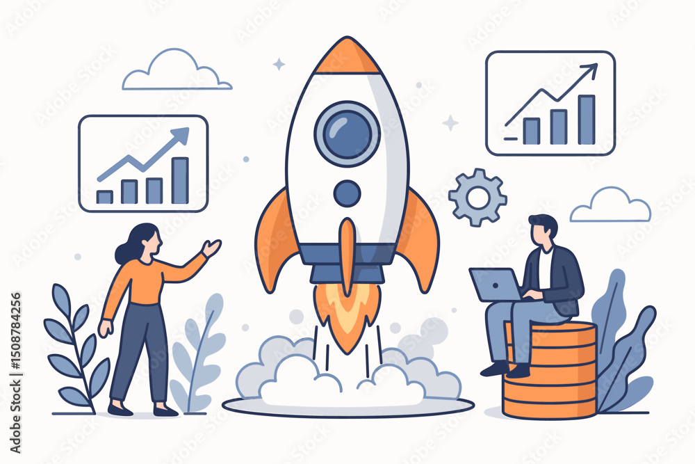 Poster business startup rocket launch metaphor. entrepreneurship team growth success concept. innovation sp
