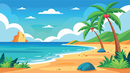 Obraz premium Tropical beach scene with palm trees, ocean, and island