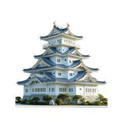 Majestic White Japanese Castle with Blue Rooftops - Architectural 3D Render