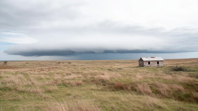 Dark shelf cloud looming over weathered abandoned farmhouse, menacing prairie landscape with swirling winds battering weathered grasslands. Massive shelf cloud darkening vast prairie, grasslands
