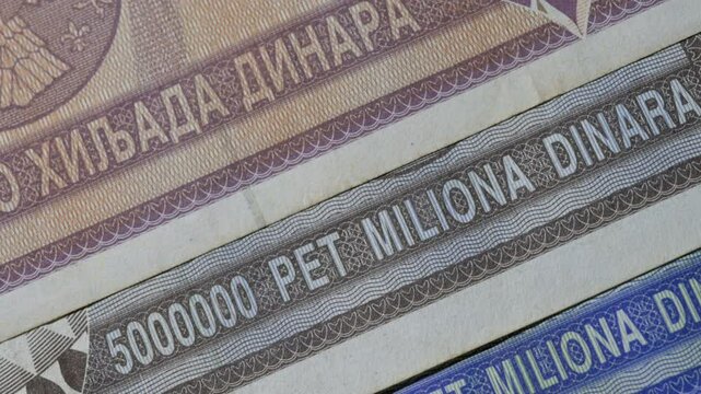 Hyper-inflationary banknotes from Serbia, 1993. Values from 5 million to 10 Billion Dinars.