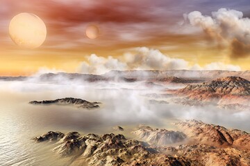 Obraz premium Alien landscape with water and planets