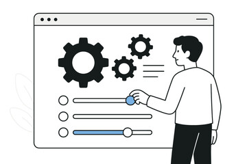 User customizing system settings dashboard interface. Person adjusting configuration sliders controls. Web browser software preferences management. Technology control panel optimization setup.