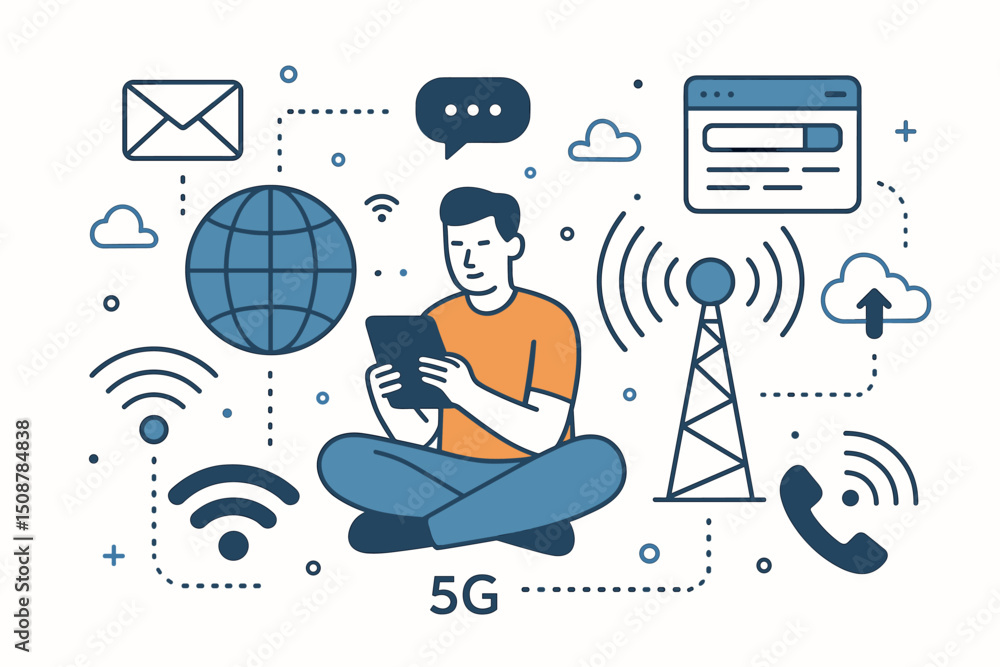 Poster 5g wireless connectivity internet communication concept. person using tablet device surrounded by ne