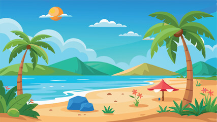 Obraz premium Tropical beach scene with palm trees and umbrella
