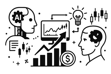AI artificial intelligence financial analysis data analytics business automation. Machine learning fintech investment growth charts human robot collaboration technology concept