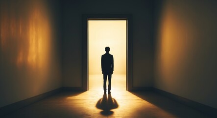 Obraz premium Silhouette of a Man Standing in a Bright Doorway, Contemplating Future Possibilities.