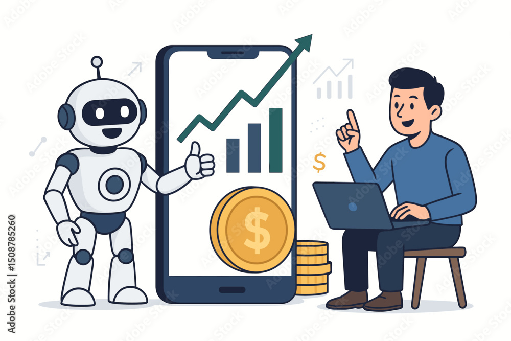 Poster ai robot assistant mobile trading app concept. artificial intelligence automated stock market invest