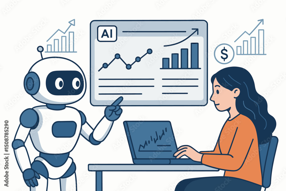 Aufkleber ai robot assistant presenting financial data dashboard analytics to businesswoman. trading technolog