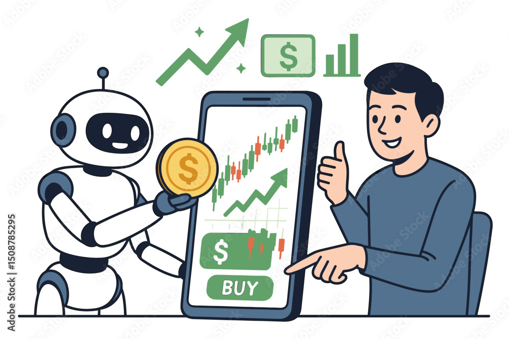 Aufkleber ai robot automated stock market trading mobile app concept. algorithmic investment technology financ