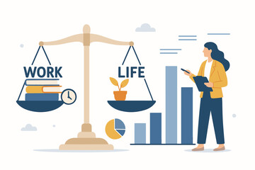 Work life balance concept. Business woman professional scale metaphor. Career lifestyle priority equilibrium. HR wellness productivity management. Vector illustration flat design