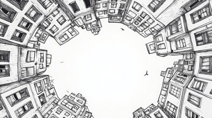 Fototapeta premium illustration black and white, radial symmetry, suburban houses, bird perspective, 16:9
