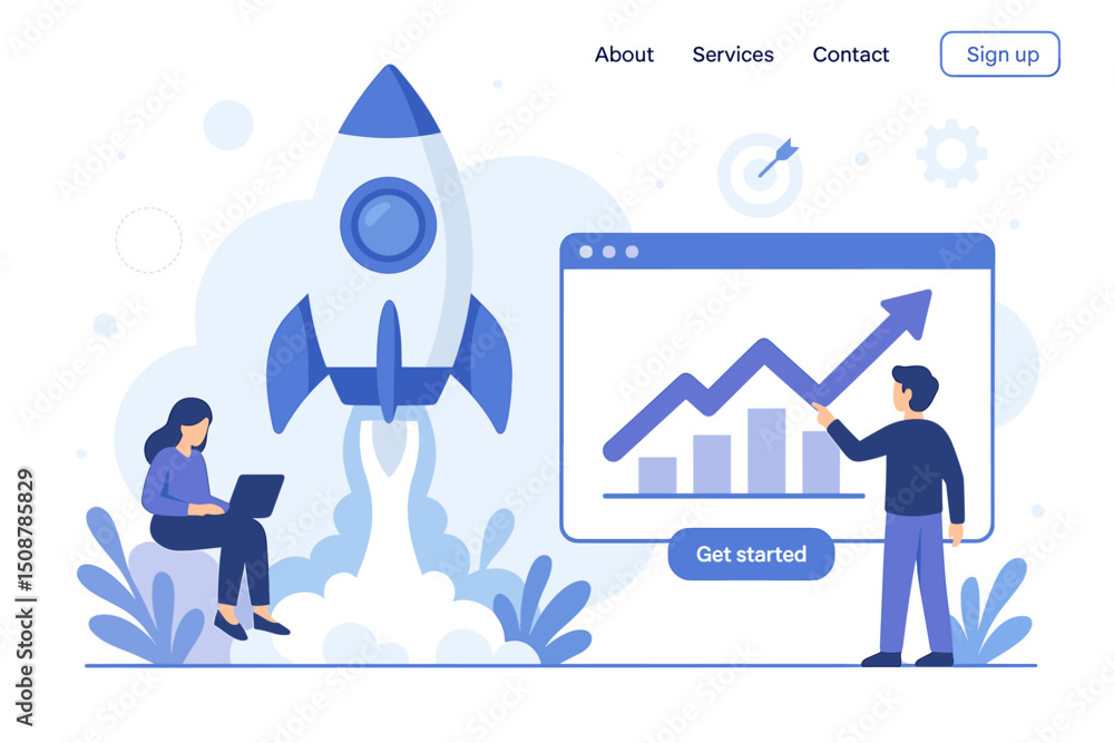 Poster business startup launch concept. rocket spaceship takeoff with team analytics growth charts. website