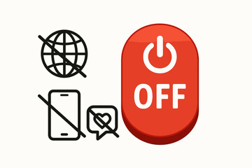 Digital detox concept red OFF button. Disconnect internet social media phone. Offline mode wellness. Technology break mental health. Digital minimalism unplugged lifestyle