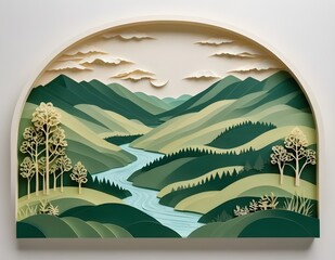 Serene Mountain Landscape with River and Trees in Paper Art Style
