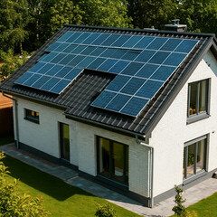 Fototapeta premium Solar panels on the house roof utilize sunlight for photovoltaic energy conversion into electric power, a green technology for a sustainable environment