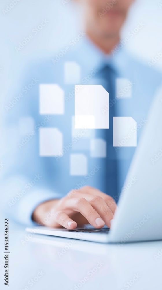 Aufkleber business professional using laptop with digital interface displaying abstract data and copy space fo