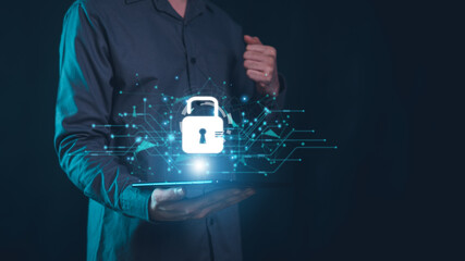 Cybersecurity and privacy concepts to protect data. Lock icon and internet network security technology.