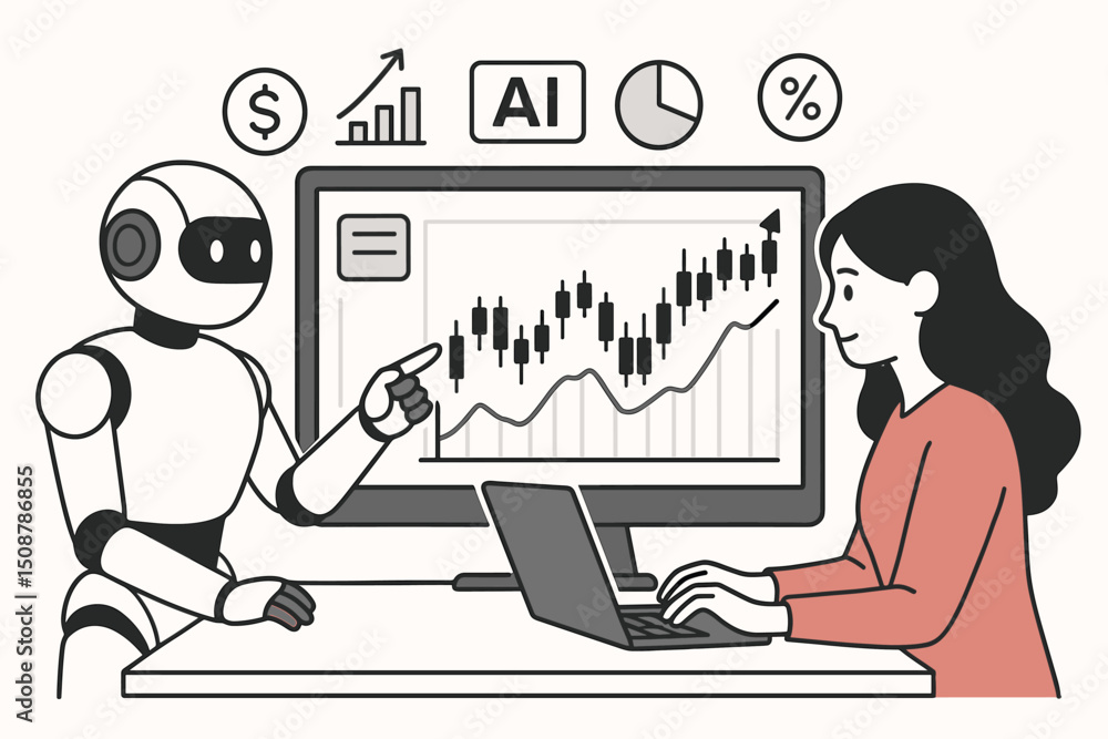 Poster ai robot financial advisor assistant explaining investment trading stock market charts data analytic