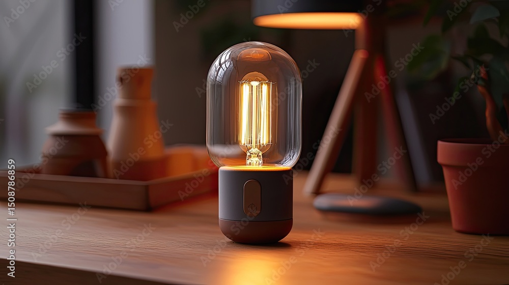 Leinwandbilder macro view of smart lighting featuring an led bulb with wireless capabilities and warm filament deta