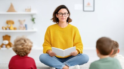 A woman reads a story to a group of children, creating a warm and engaging atmosphere. This scene highlights the joy of storytelling and the importance of childhood education.